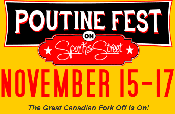 The logo for the poutine fest on sports street.