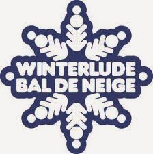 A blue and white snowflake with white text.