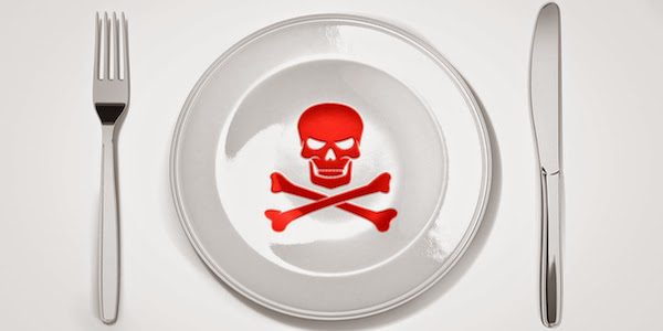 A plate with a skull and crossbones on it.