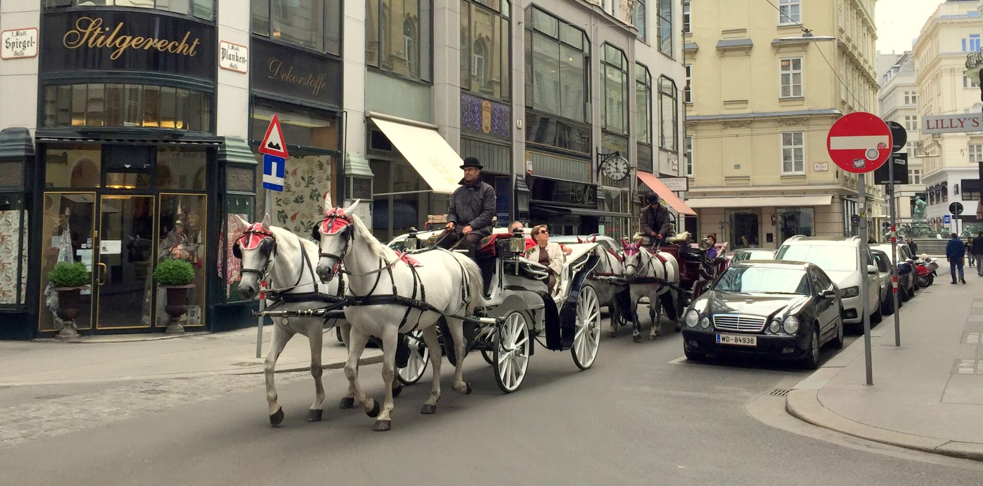 A white horse pulling a carriage down a city street.